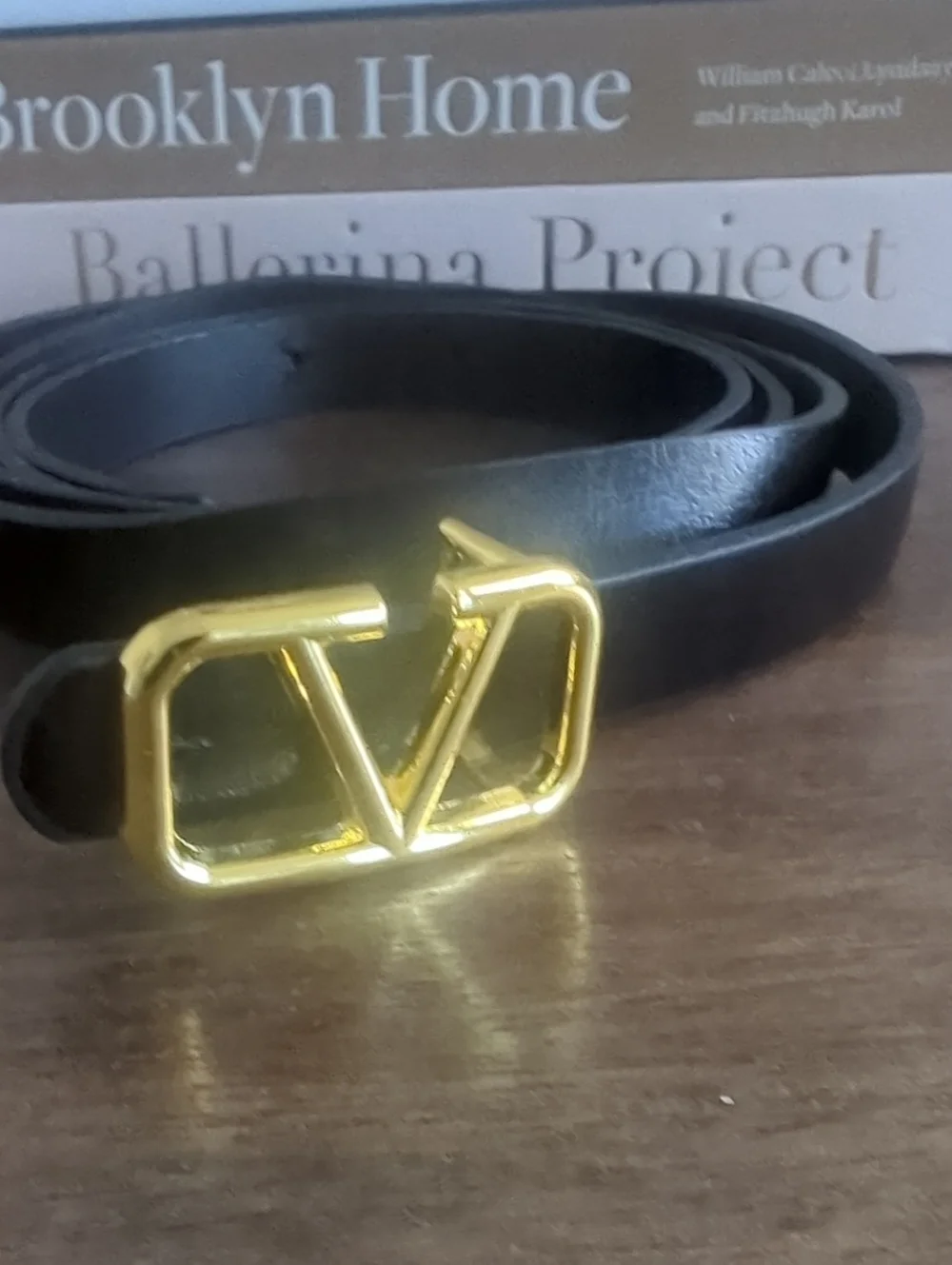 V Black Leather Belt with Gold 'V' Buckle